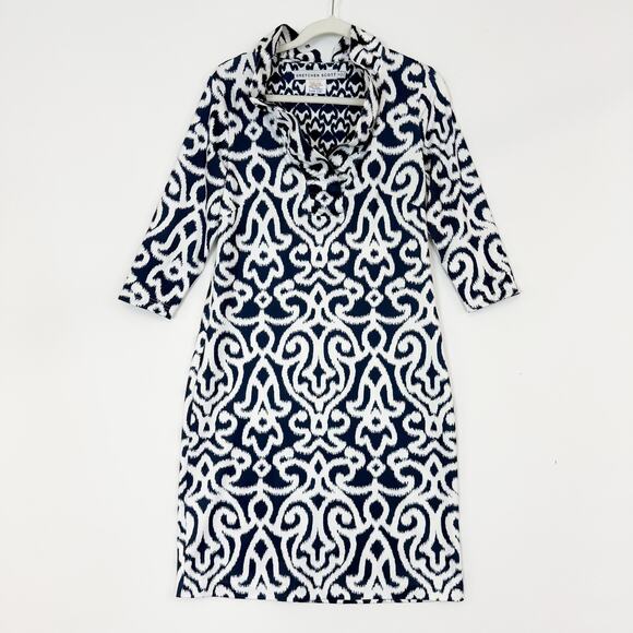 Gretchen Scott Jersey Ruffneck Dress Navy & White Arabesque Pattern Womens Small - Picture 2 of 12